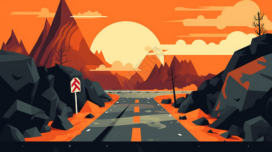 夕阳公路插画图片