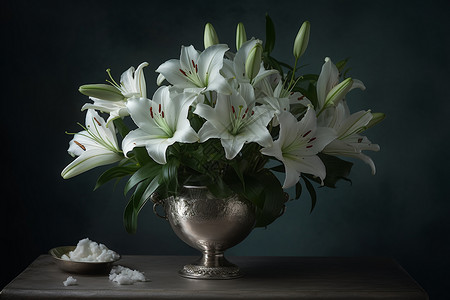 百合插花花瓶中的一束白百合背景
