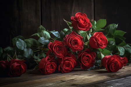 乡村木桌上的一束红玫瑰背景图片