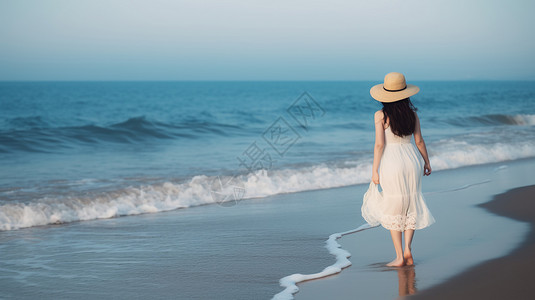 女人走在沙滩上背景