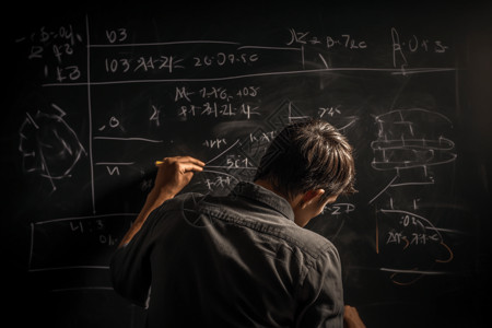 在黑板上研究复杂方程的数学家背景图片