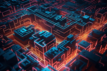 未来霓虹灯城市抽象3D迷宫概念图背景图片