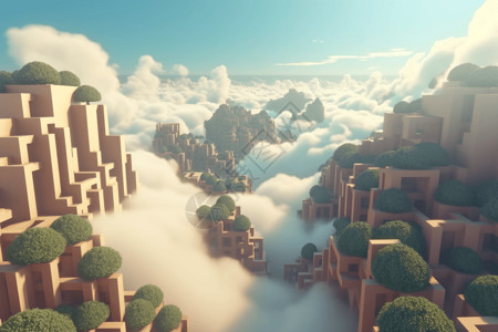 由浮岛和云制成的迷宫3D概念图设计图片