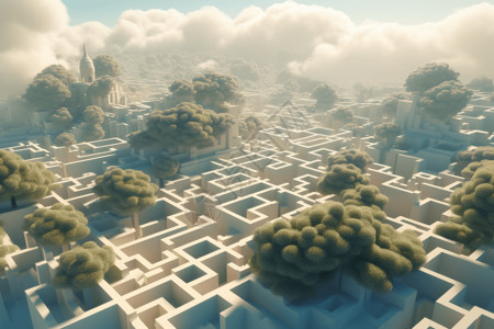 由浮岛和云制成的3D迷宫概念图背景图片