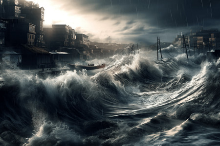 潮汐浪潮逼近沿海城市的恐怖场面高清图片