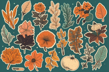 卡通树叶与南瓜不同季节的植物绘画插图插画