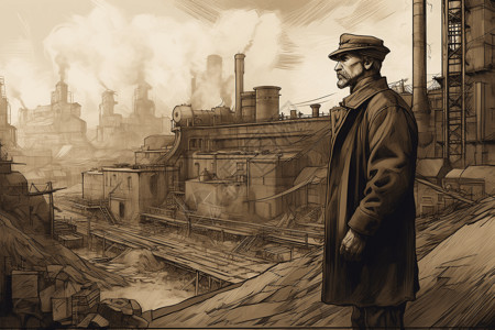 工业城市和复古人物背景图片