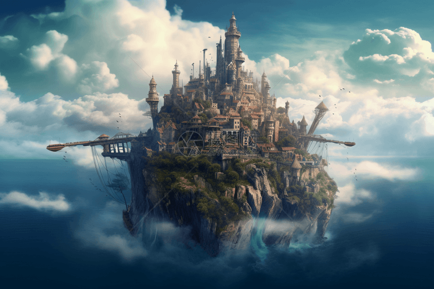 漂浮的王国城堡创意插图图片