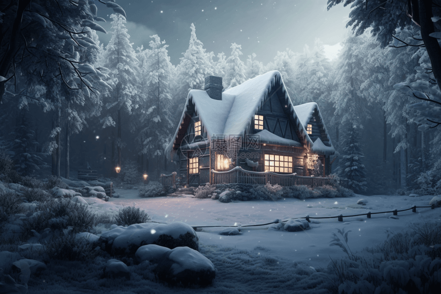 神奇的冬季小木屋3D概念图图片