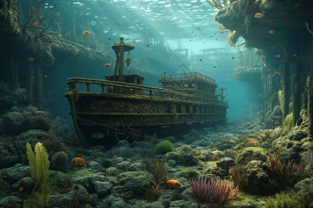 沉船海底世界概念图设计图片