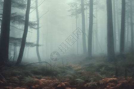 森林笼罩在雾中的神秘景象概念图图片