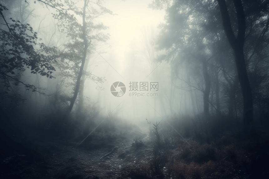 森林笼罩在雾中的神秘景象图片