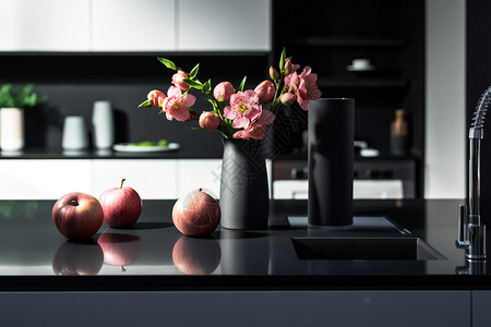 鲜花水果放着一束鲜花的厨房设计图片