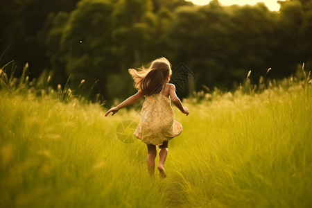 在草地上奔跑的小女孩图片