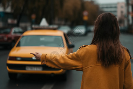 出租车停靠站女人在街上打车的背影背景