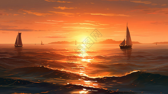 夕阳下的大海和船图片