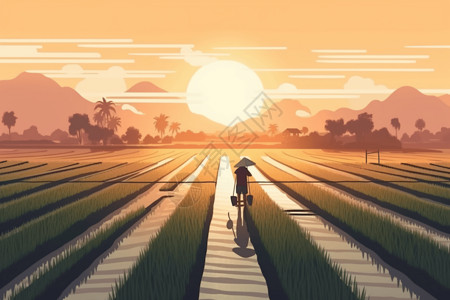 农民在田野中种植杂交水稻幼苗插画