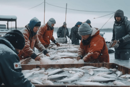 一群工人在渔业中小心工作高清图片