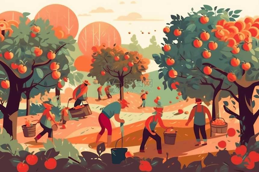 农民正在摘苹果的插画图片