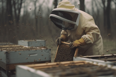 养蜂人检查提取蜂蜜图片