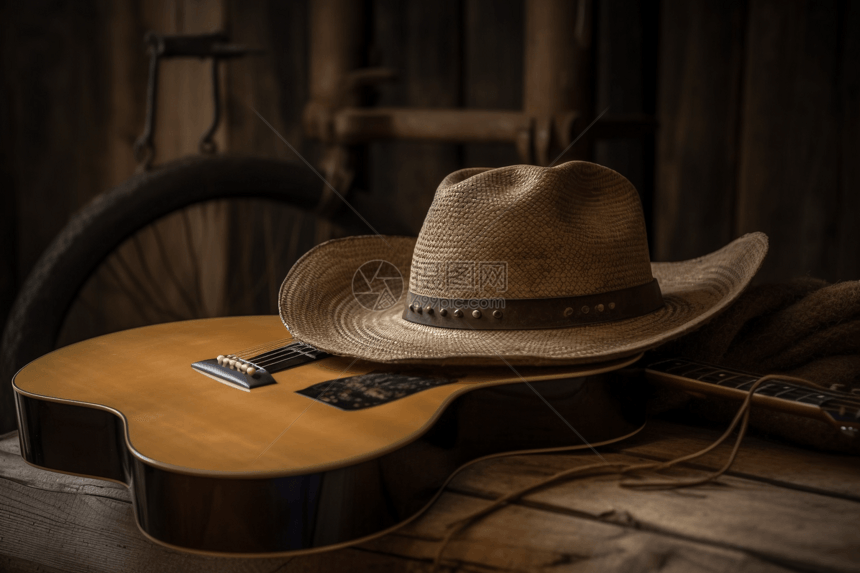 吉他和帽子在桌上图片