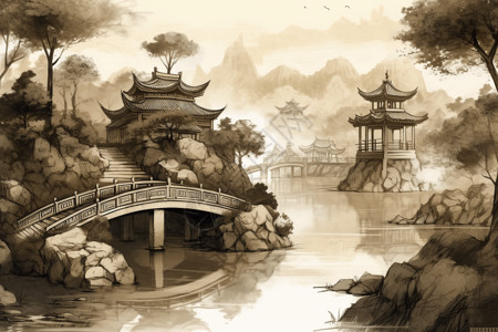 水墨风格的木桥背景图片