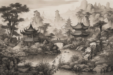 水墨中国花园图片