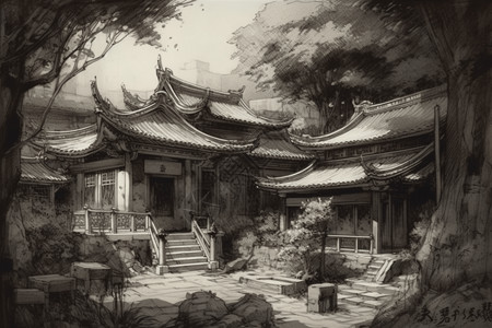 仿古地砖水墨画中国古代建筑插画