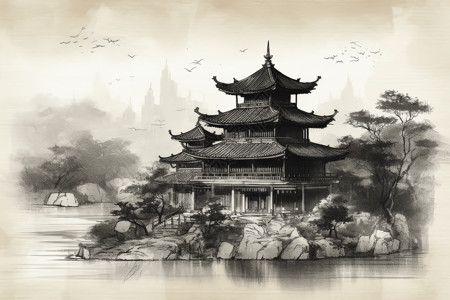 水墨画出中式建筑背景图片