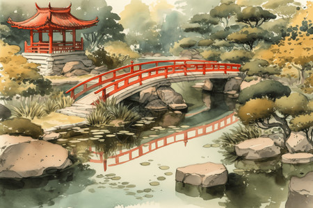 宝带桥带桥的花园插画