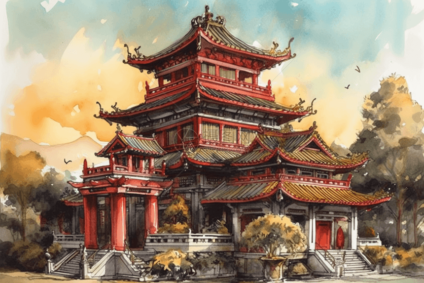 庙宇水彩画图片