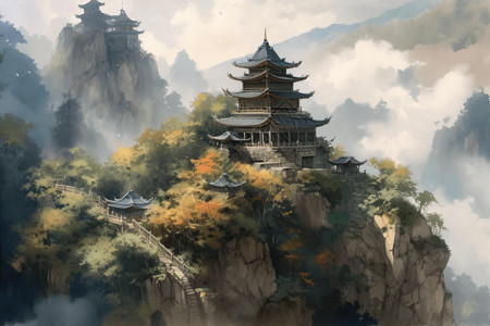 大秃山顶水彩画的山顶上的寺庙插画
