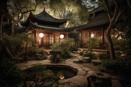 中式花园庭院高清图片