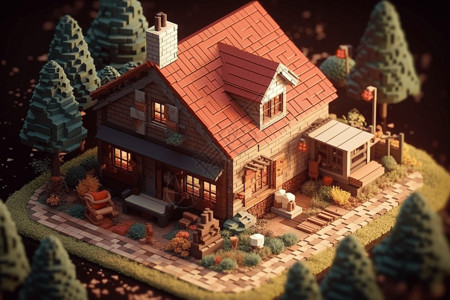 草地别墅用积木拼成的砖屋插画