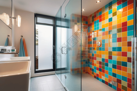 彩色玻璃门带有彩色墙砖的浴室背景