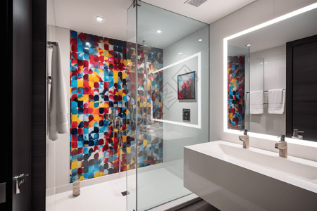 彩色玻璃门浴室的彩色墙砖背景