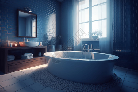 一个蓝色浴盆带水槽和浴缸的浴室背景