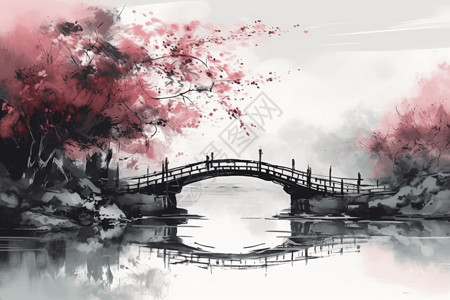 小桥流水樱花水墨画背景图片