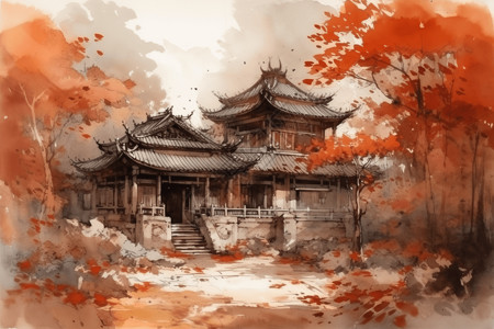 秋季落叶的寺庙庭院图片
