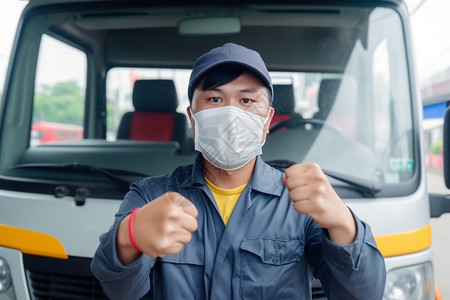 卡车司机戴着口罩防止灰尘背景图片