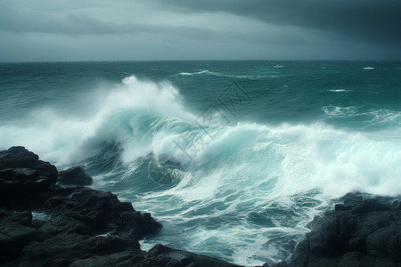 波涛汹涌的海暴风雨中的海水背景