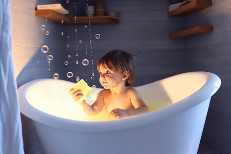 泡泡洗澡孩子在浴室里洗澡设计图片