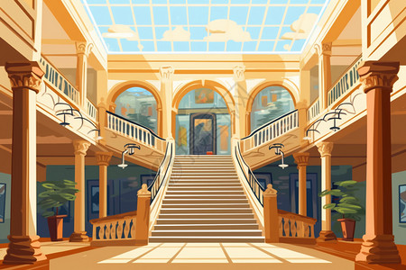 玻璃扶手楼梯博物馆的中央楼梯插画