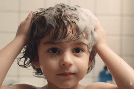 洗头发的可爱男孩图片