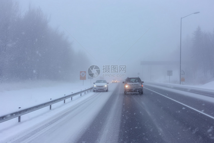 暴雪天气道路上的汽车图片