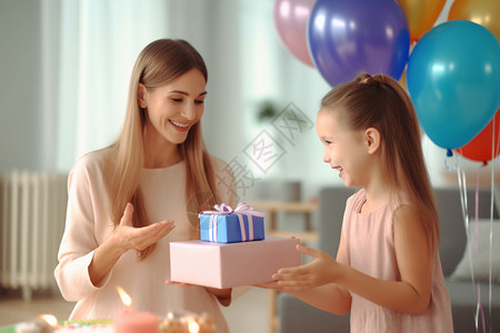 可爱的小女孩在家给妈妈生日背景图片