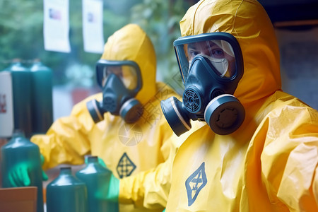 穿着防毒面具防护服的化学家图片