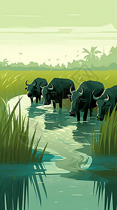 稻田里的水牛插画图片
