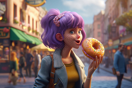 吃甜甜圈女孩紫色头发女孩吃甜甜圈插画