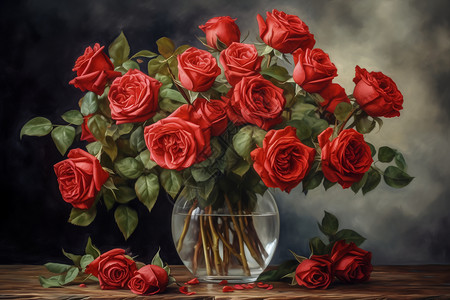 油画花瓶花瓶中的红玫瑰-插画
